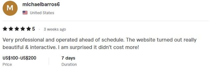 Screenshot of a five star review by michaelbarros6 from United States about freelance work: Very professional and operated ahead of schedule. The website turned out really beautiful and interactive. I am surprised it didn't cost more!