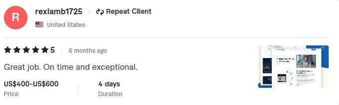 Screenshot of a five star review by rexlamb1725, repeat client from United States about freelance work: Great job. On time and exceptional.