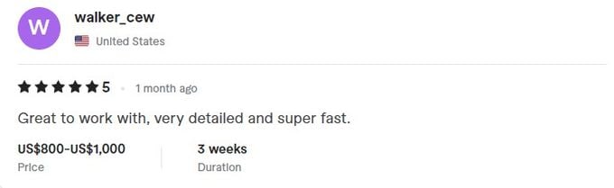 Screenshot of a five star review by walker_cew from United States about freelance work: Great to work with, very detailed and super fast.